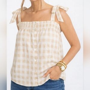 Saks Fifth Coquette Cottagecore Gingham Tie Strap Smocked Button Front Top Beige